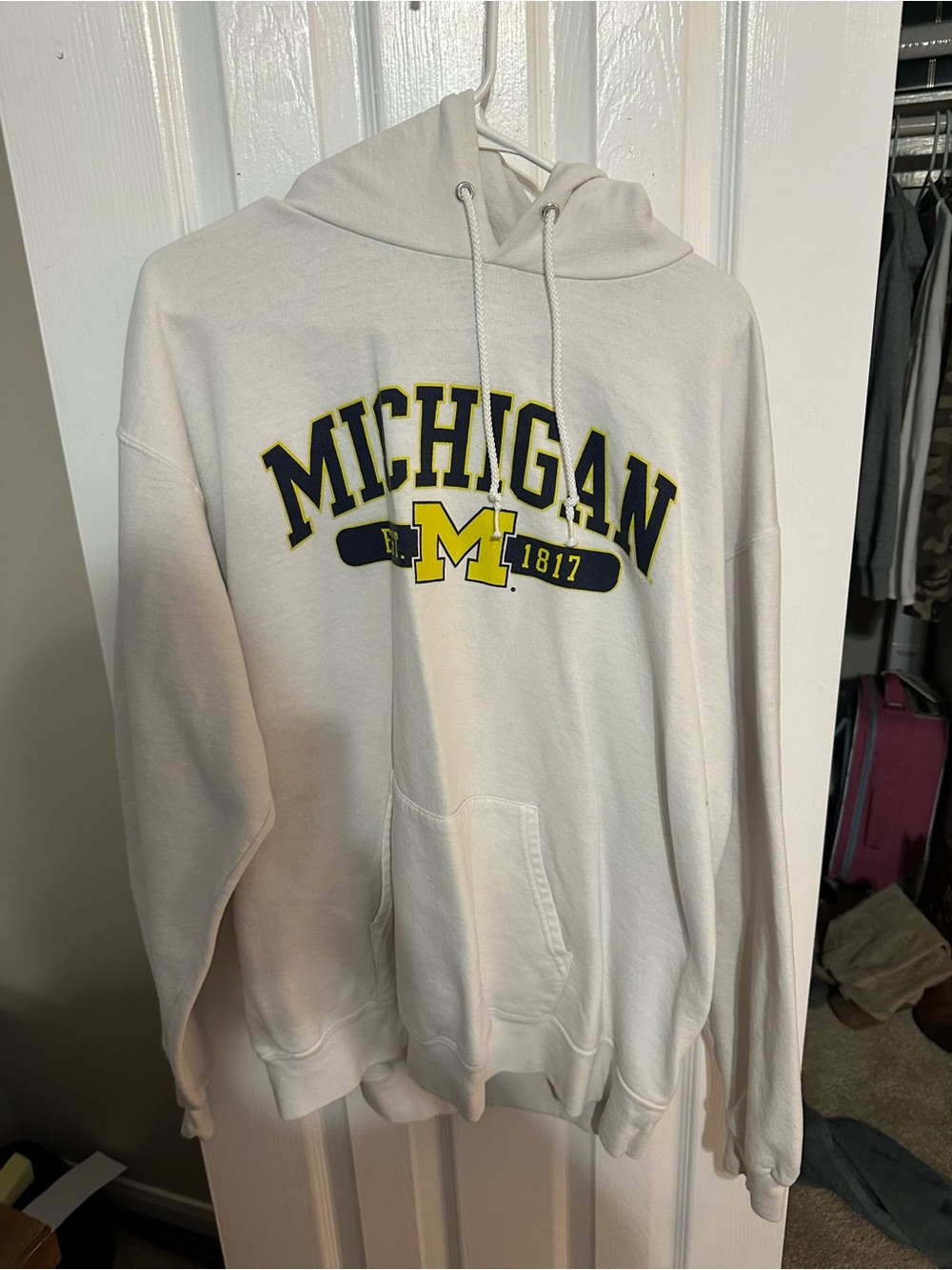Champion White Michigan Hooded Sweatshirt with Yellow & Navy Logo